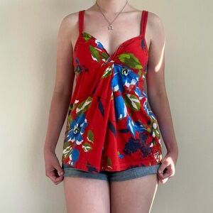 Y2K Preppy Rare Hollister Empire Waist Babydoll Tank Top Floral Women S Red